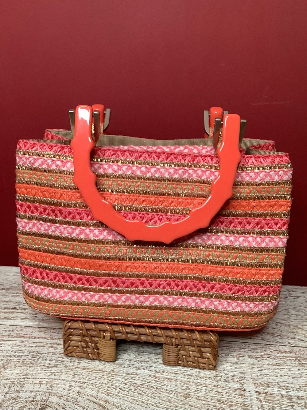 Eric Javits LEILA Coral Pink Striped Woven Satchel Crossbody Bamboo Handle Bag - Picture 3 of 16